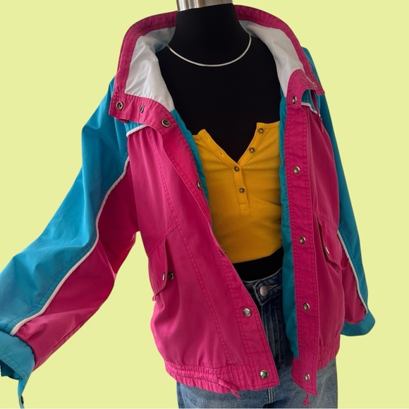 Vintage Jackets & Blazers - Vintage color block jacket pink blue white piping snap closure small